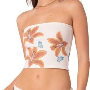 Edikted Floral Strapless Crop Top - Cream and Orange